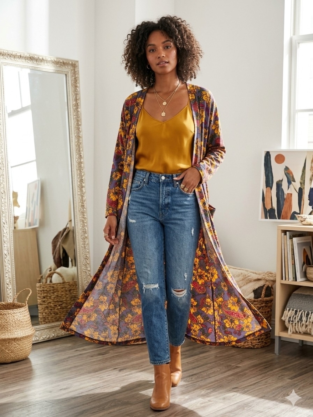 Floral Long Open Cardigan - Yellow & Burgundy on Navy - Picture 2 of 9